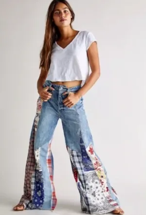 Pantalon denim Patchwork hippie évasé.
