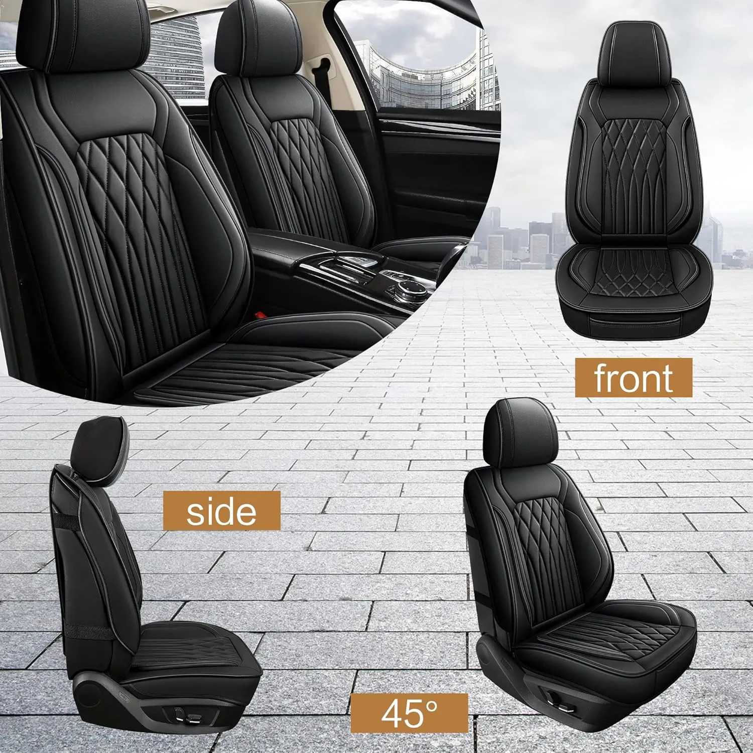 Pariitadin Leather Car Seat Covers Front Pair, Waterproof Faux Leather Seat Covers for Cars, Non-Slip Car Interior Covers Universal Fit for Most Cars Sedans Trucks SUVs, Black Line