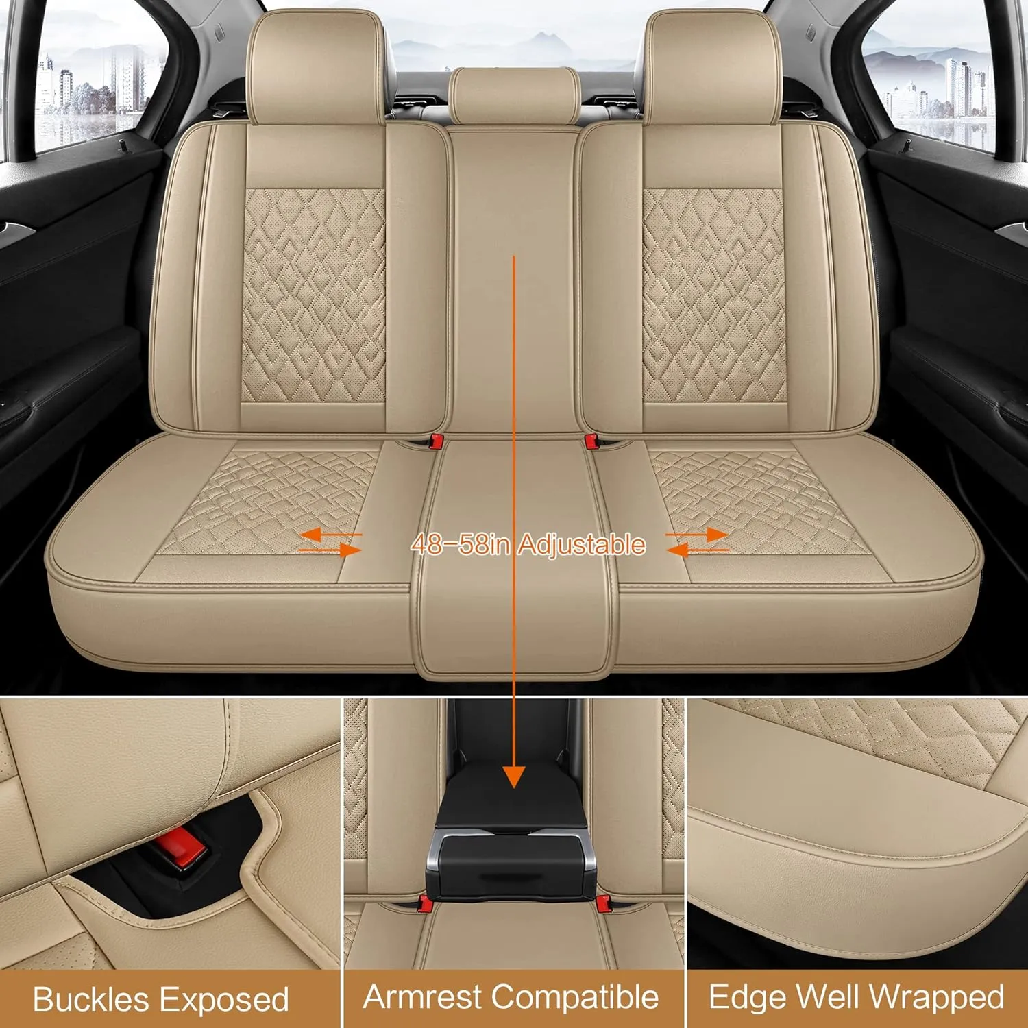 Pariitadin Leather Car Seat Covers Full Set, Waterproof Breathable Faux Leather Automotive Seat Covers for Cars, Non-Slip Car Interior Covers Universal Fit Most Cars Sedans Trucks SUVs, Beige