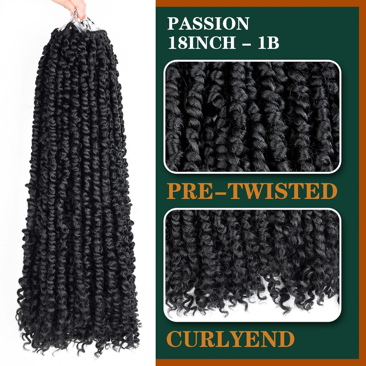 Passion Twist Crochet Hair 18inch 6packs Pre-Twisted Synthetic Long Curly 12 Roots Braiding Hair Extensions For Women (18 inch, 1B)