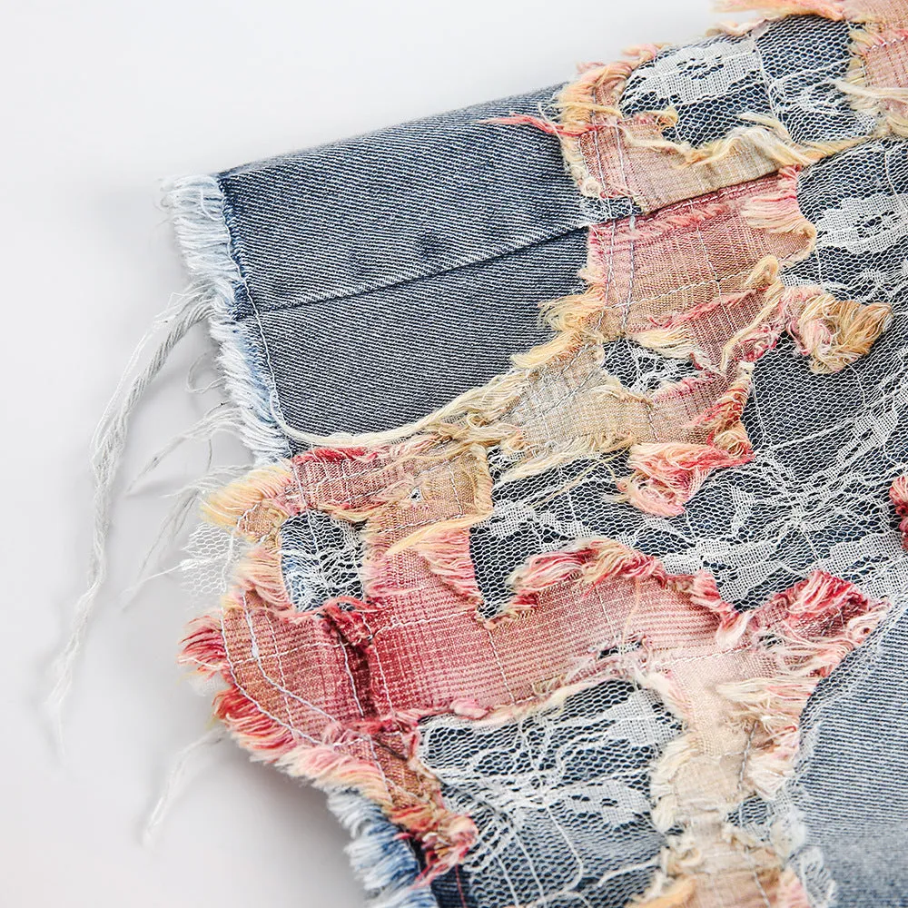 Patchwork Torn Lace Washed Denim Shorts