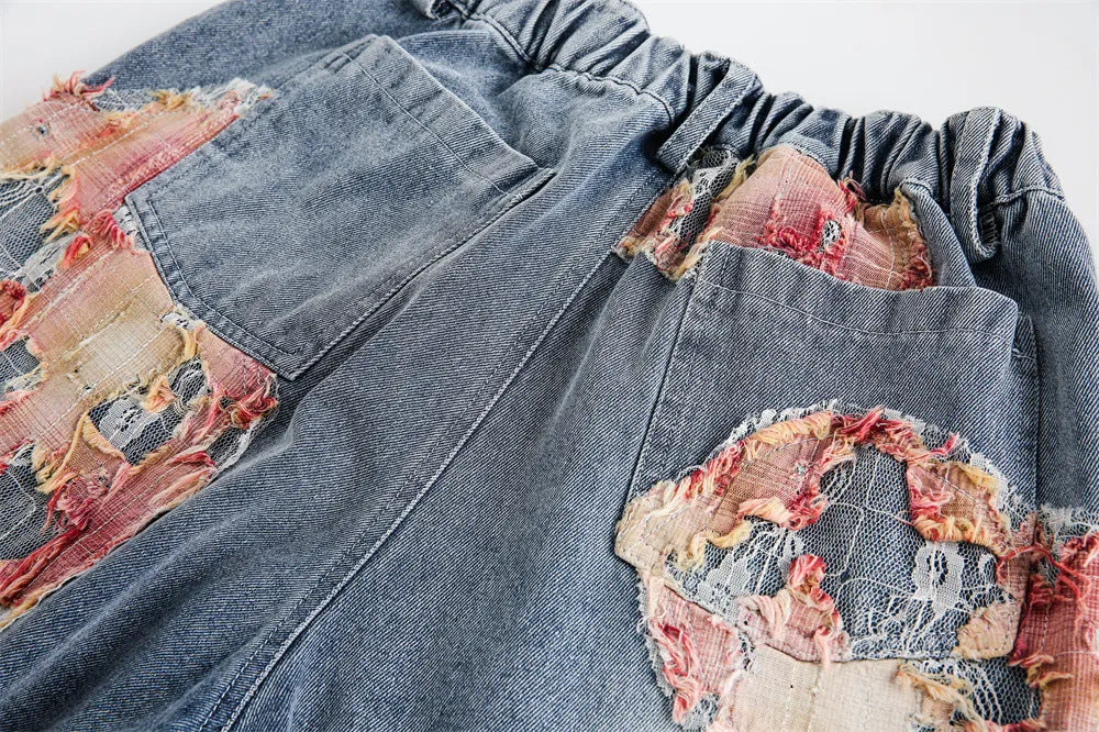 Patchwork Torn Lace Washed Denim Shorts
