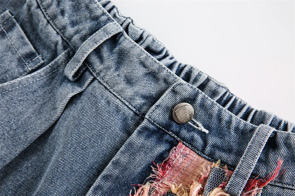 Patchwork Torn Lace Washed Denim Shorts