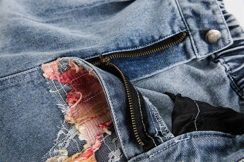 Patchwork Torn Lace Washed Denim Shorts