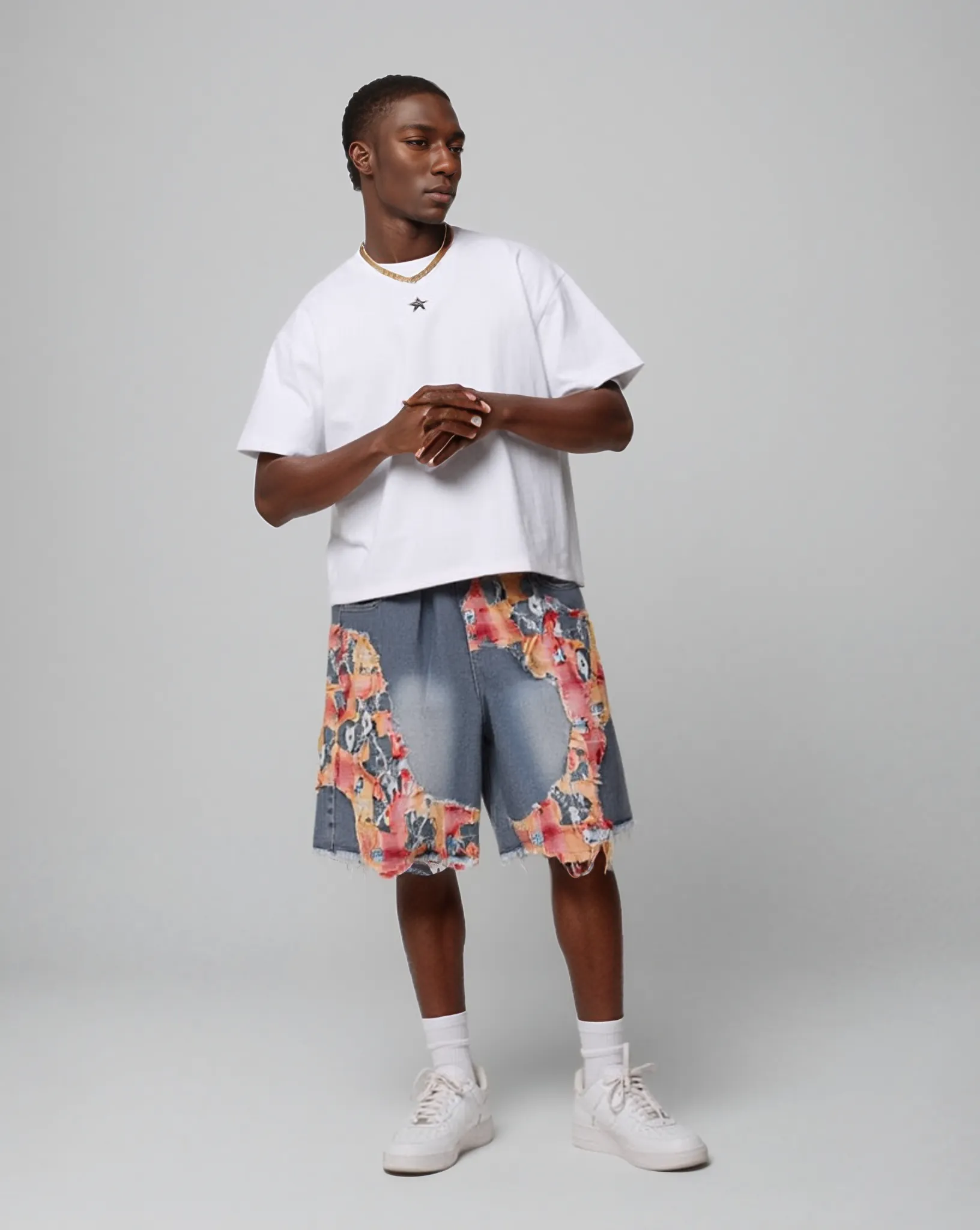 Patchwork Torn Lace Washed Denim Shorts