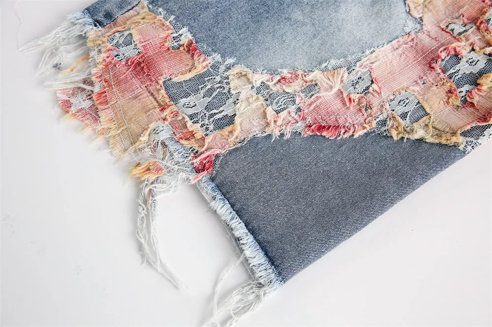 Patchwork Torn Lace Washed Denim Shorts