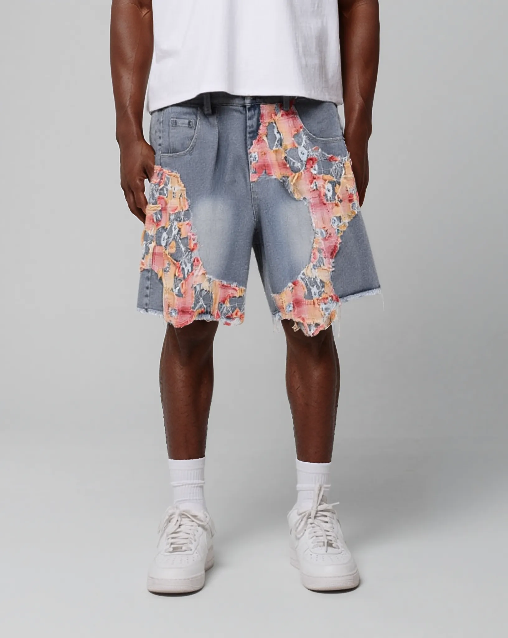 Patchwork Torn Lace Washed Denim Shorts