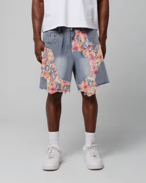 Patchwork Torn Lace Washed Denim Shorts