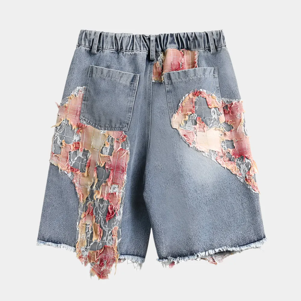 Patchwork Torn Lace Washed Denim Shorts