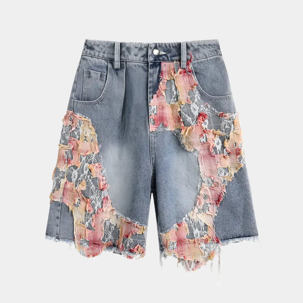Patchwork Torn Lace Washed Denim Shorts