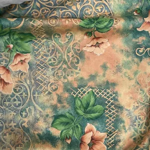 Peach Floral Flowers Print Vintage Cotton Fabric, Green