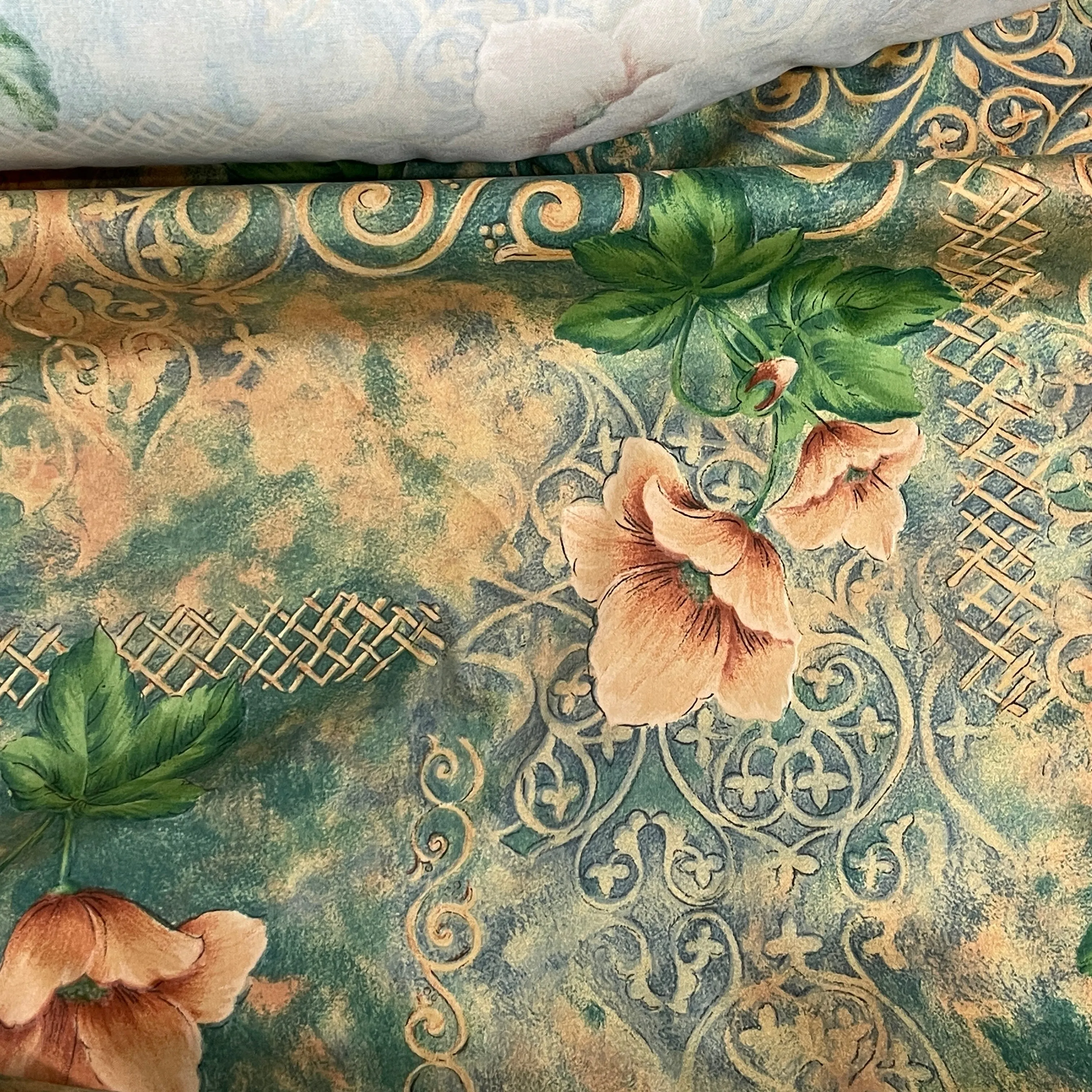 Peach Floral Flowers Print Vintage Cotton Fabric, Green