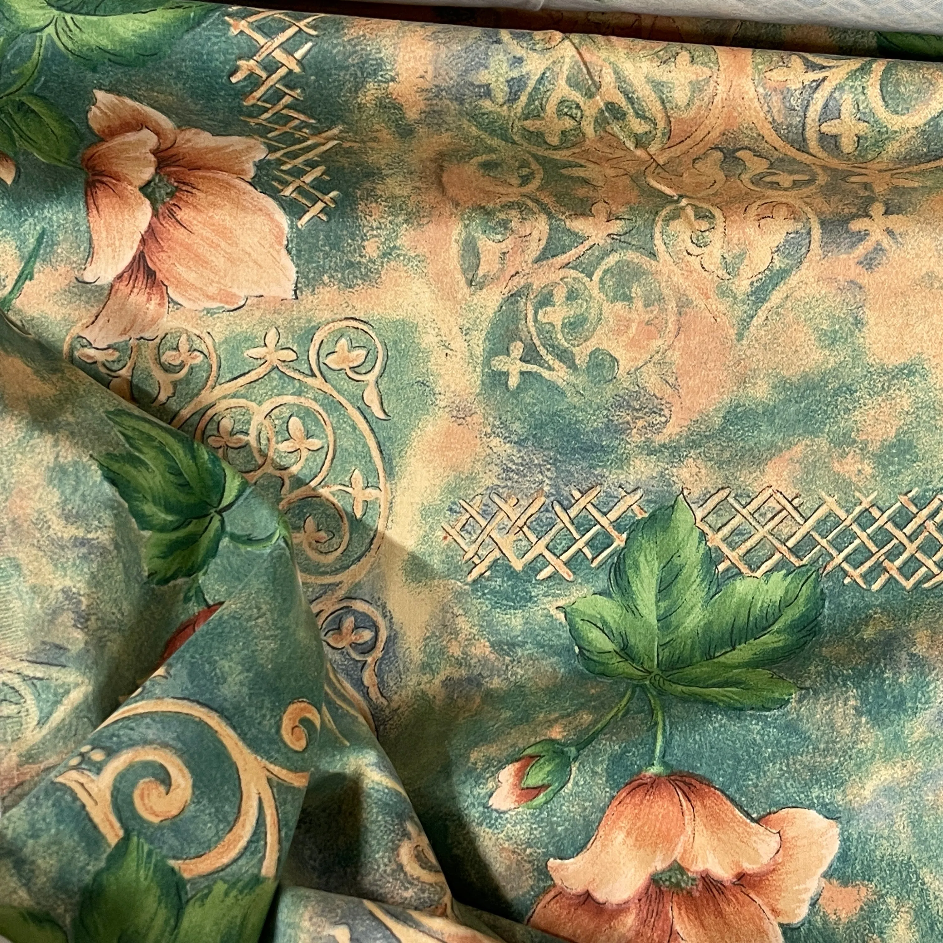 Peach Floral Flowers Print Vintage Cotton Fabric, Green