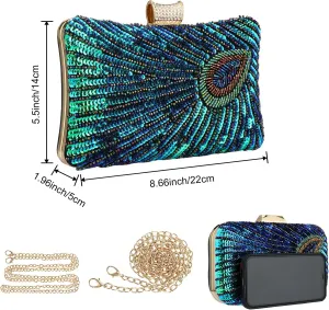 Peacock Evening Bags Clutch Purse for Women Bead Sequins Vintage Purses Crossbody Handbags with Detachable Chains