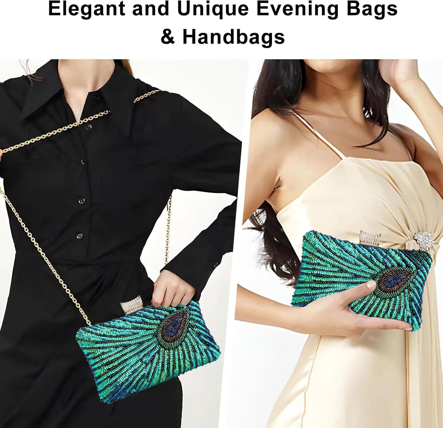 Peacock Evening Bags Clutch Purse for Women Bead Sequins Vintage Purses Crossbody Handbags with Detachable Chains