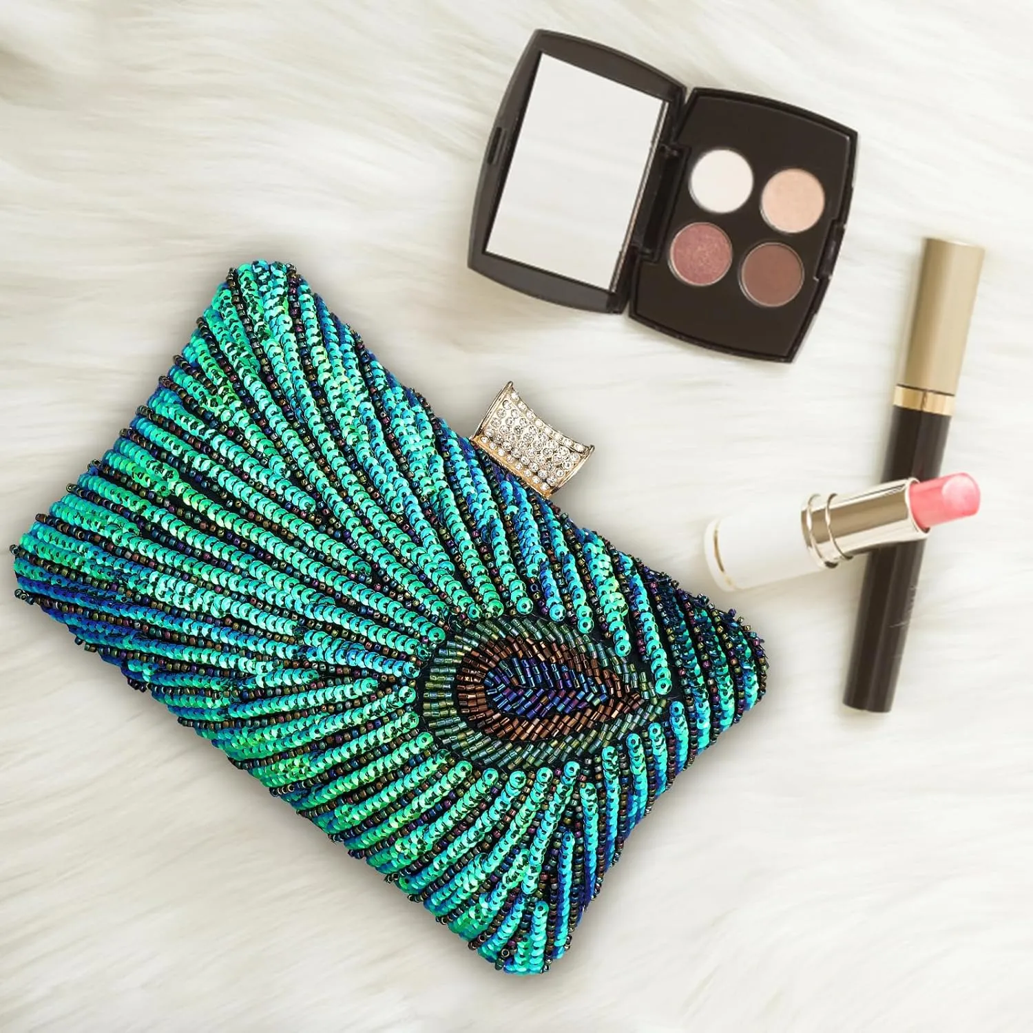 Peacock Evening Bags Clutch Purse for Women Bead Sequins Vintage Purses Crossbody Handbags with Detachable Chains