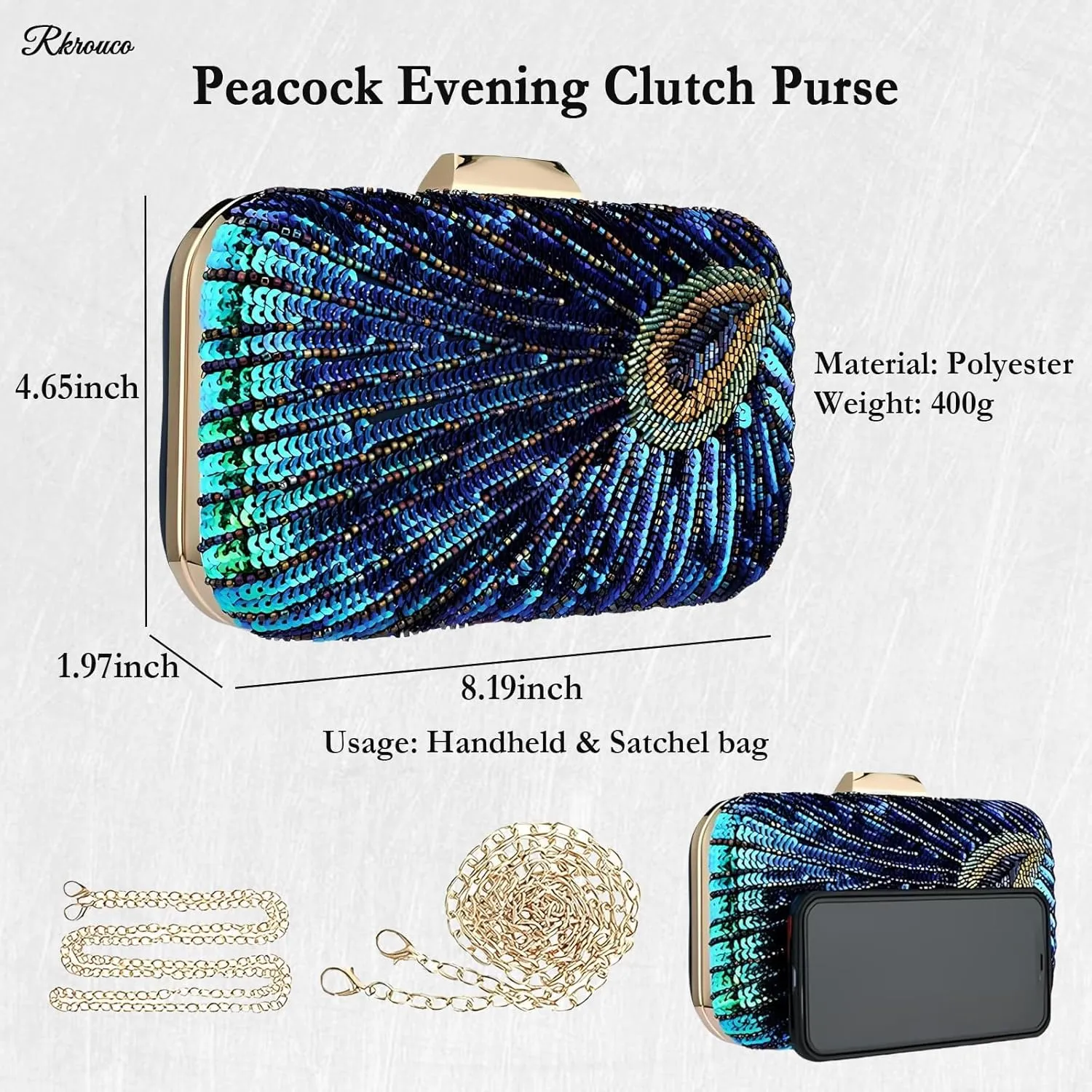 Peacock Evening Bags Clutch Purse for Women Bead Sequins Vintage Purses Crossbody Handbags with Detachable Chains