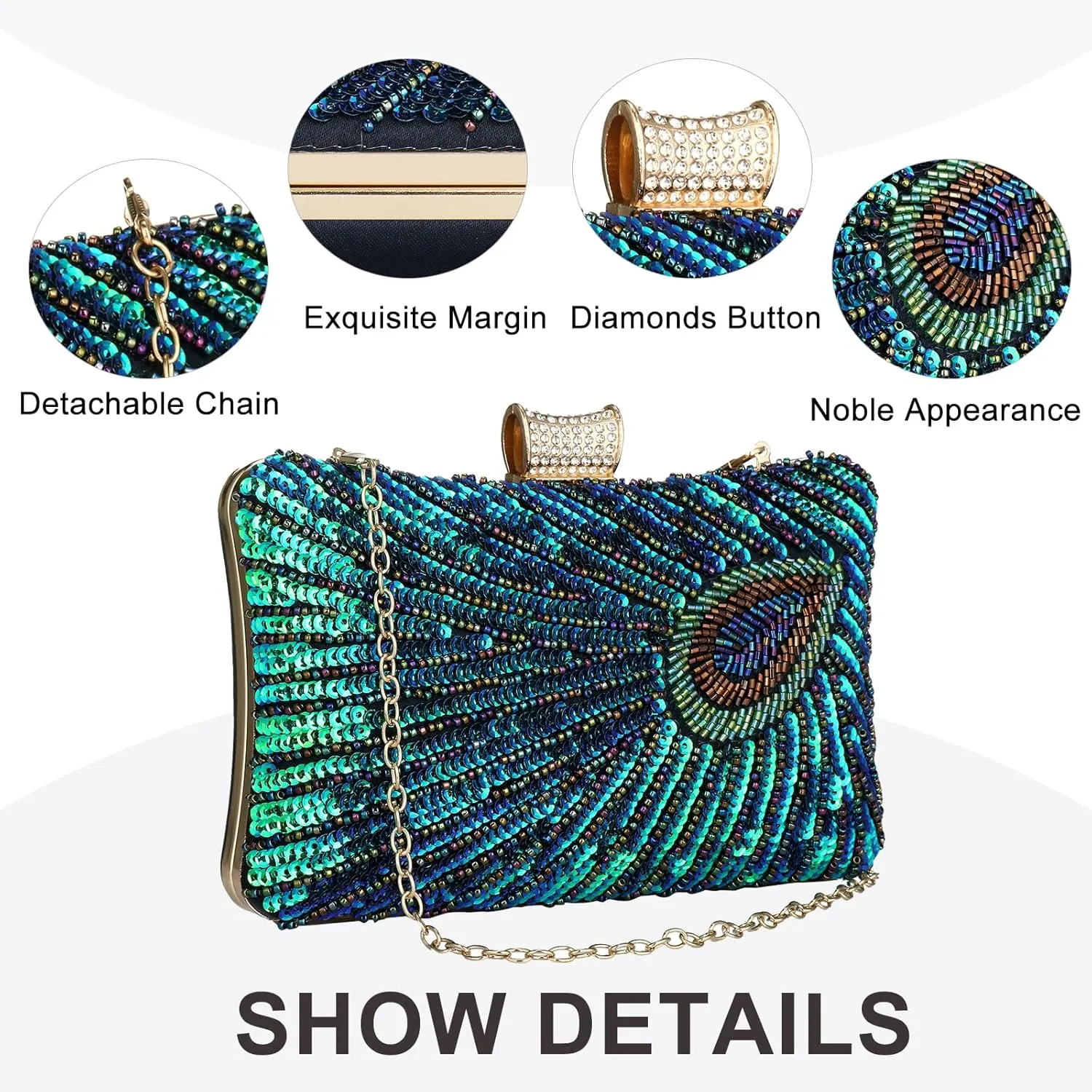 Peacock Evening Bags Clutch Purse for Women Bead Sequins Vintage Purses Crossbody Handbags with Detachable Chains