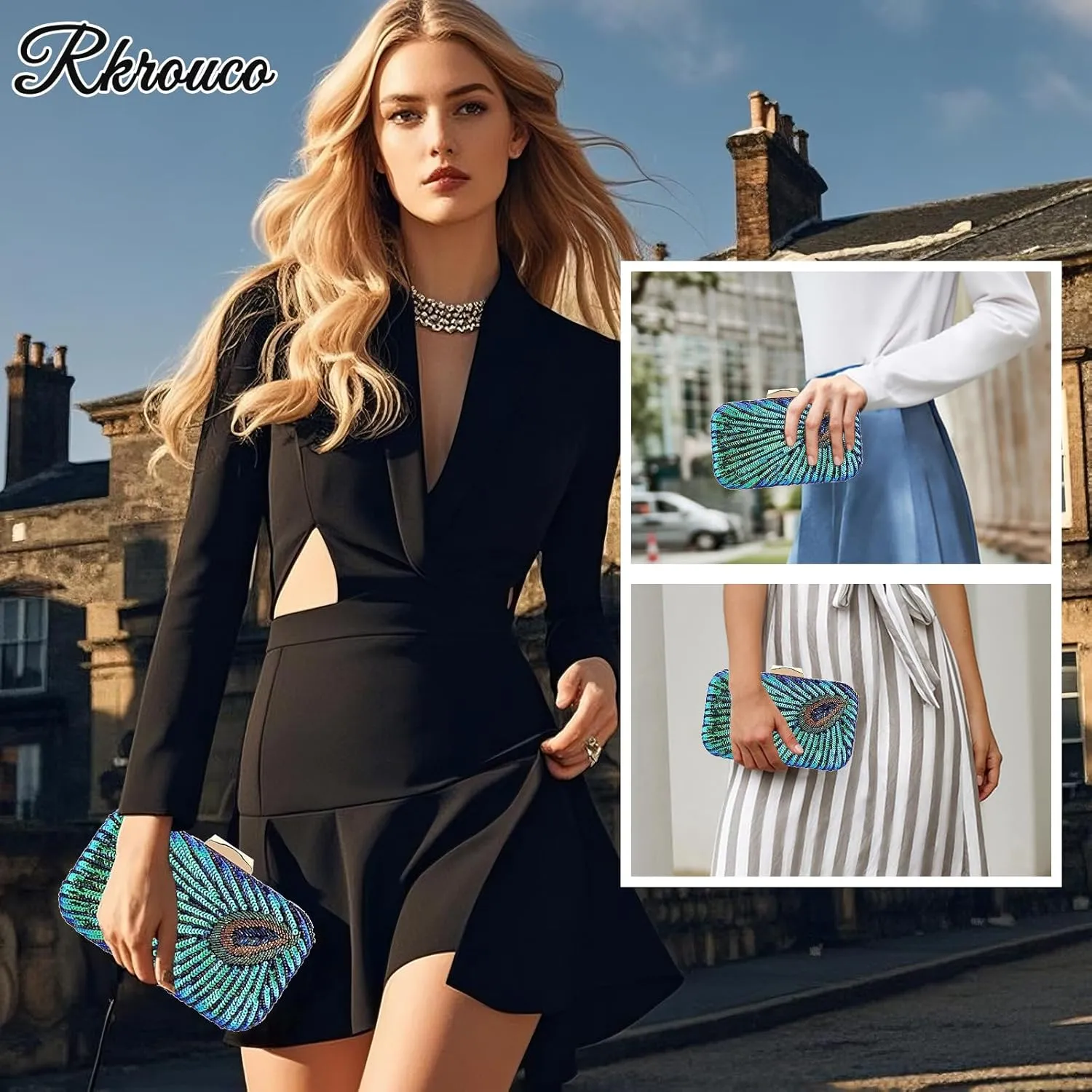 Peacock Evening Bags Clutch Purse for Women Bead Sequins Vintage Purses Crossbody Handbags with Detachable Chains