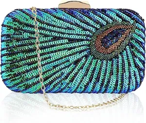 Peacock Evening Bags Clutch Purse for Women Bead Sequins Vintage Purses Crossbody Handbags with Detachable Chains