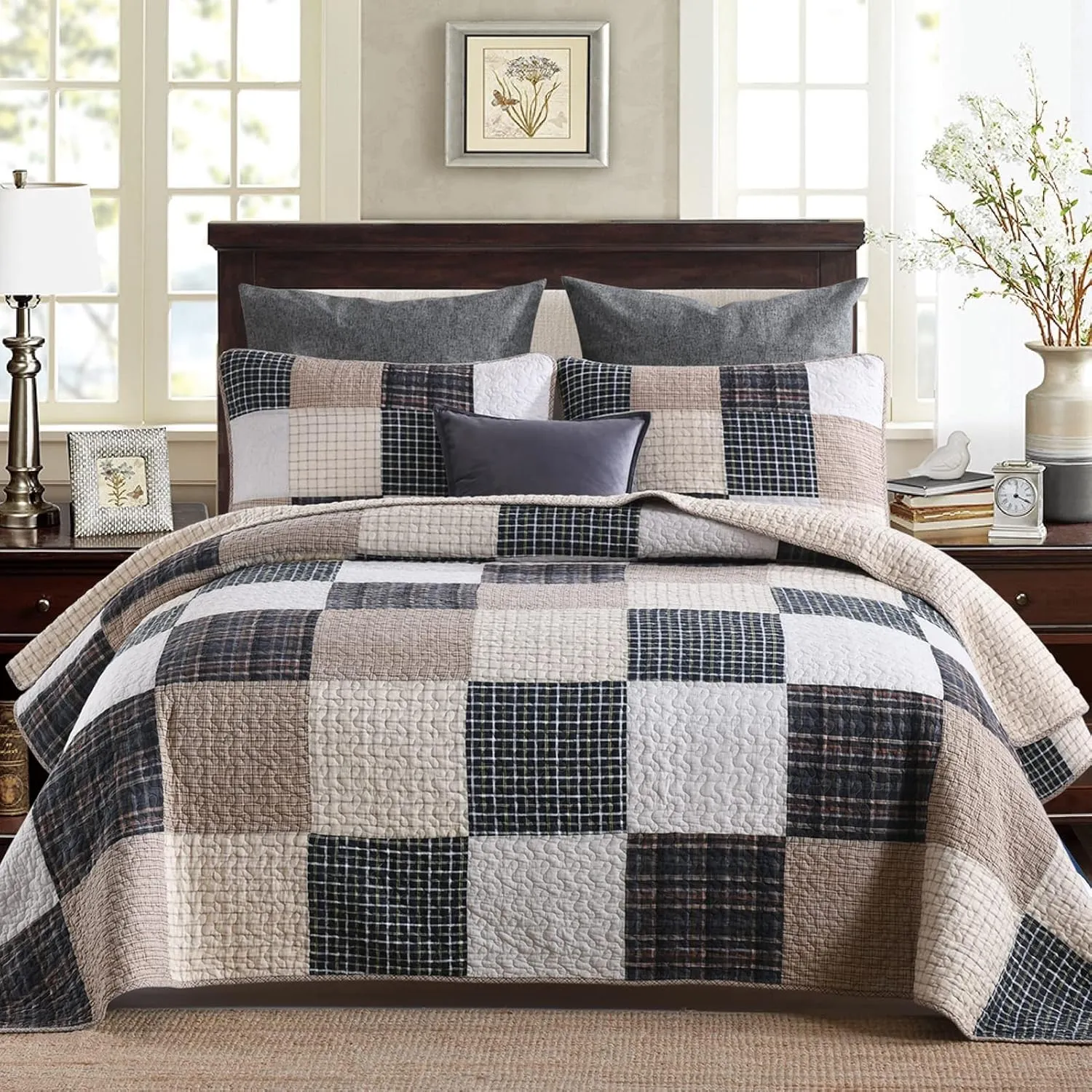 PERHOM 100% Cotton King Size Quilt Set - Lightweight Bedding Set, Real-Patchwork Plaid Pattern Printed Farmhouse Bedspreads, Soft Reversible Coverlet Comforter for All Season, 3 Pieces