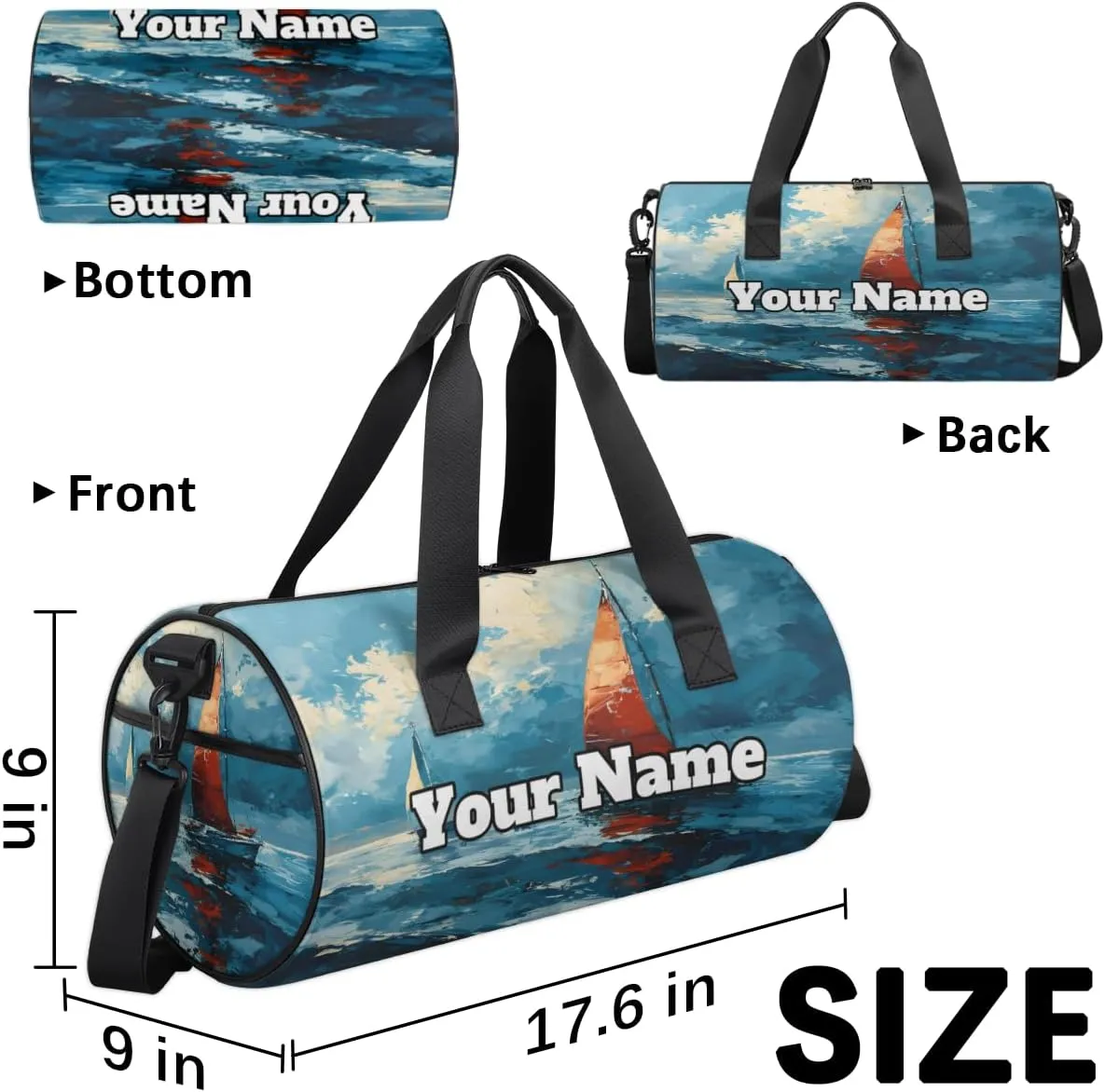 Personalized Boat Ocean Sport Gym Bag, Custom Name Duffel Bags for Men, Waterproof Custom Sport Duffel Bag, Gymnastics Dance, Nautical