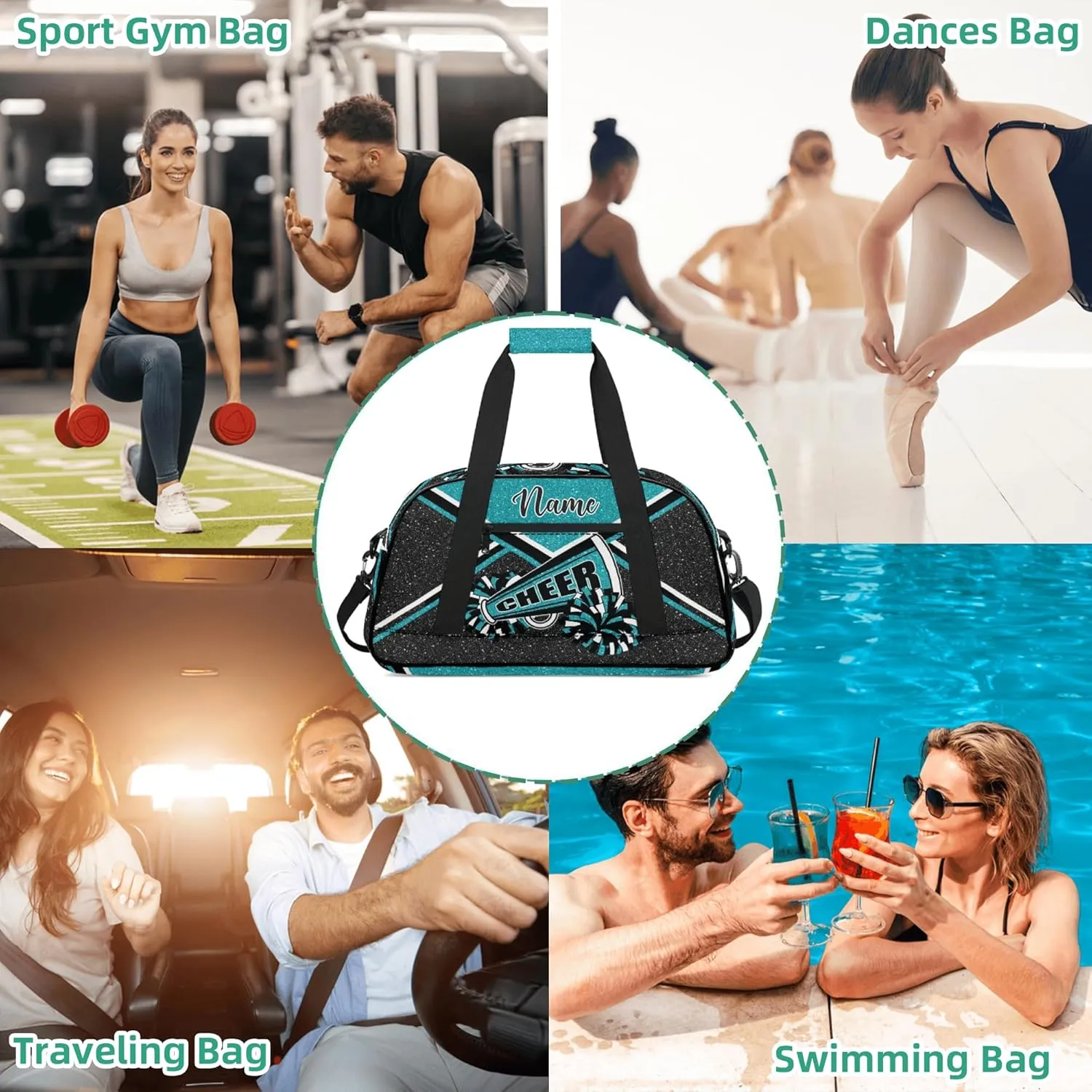 Personalized Cheer Bag with Name, Custom Cheerleader Duffle Bag for Women, Gym Travel Bag for Cheerleaders (Green)