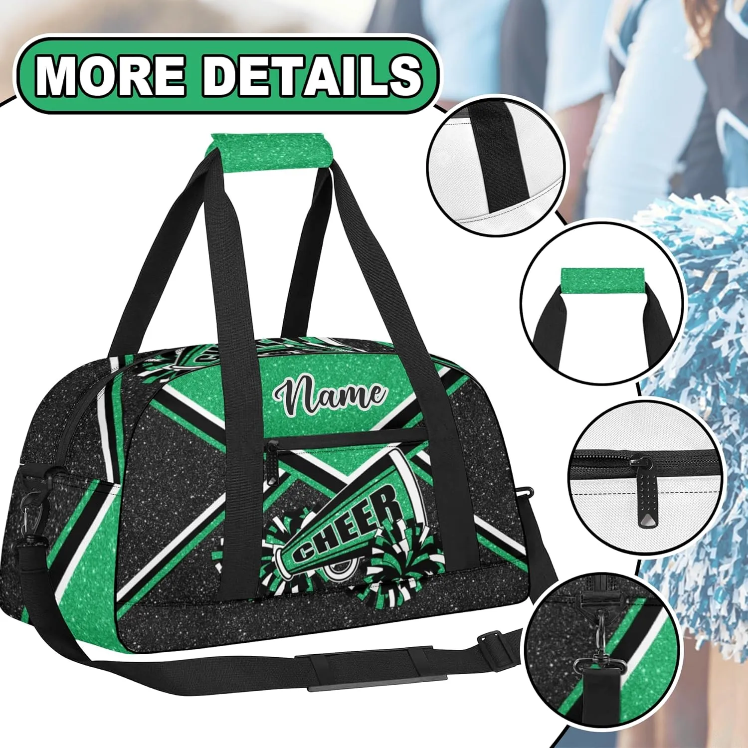 Personalized Cheer Bag with Name, Custom Cheerleader Duffle Bag for Women, Gym Travel Bag for Cheerleaders (Green)