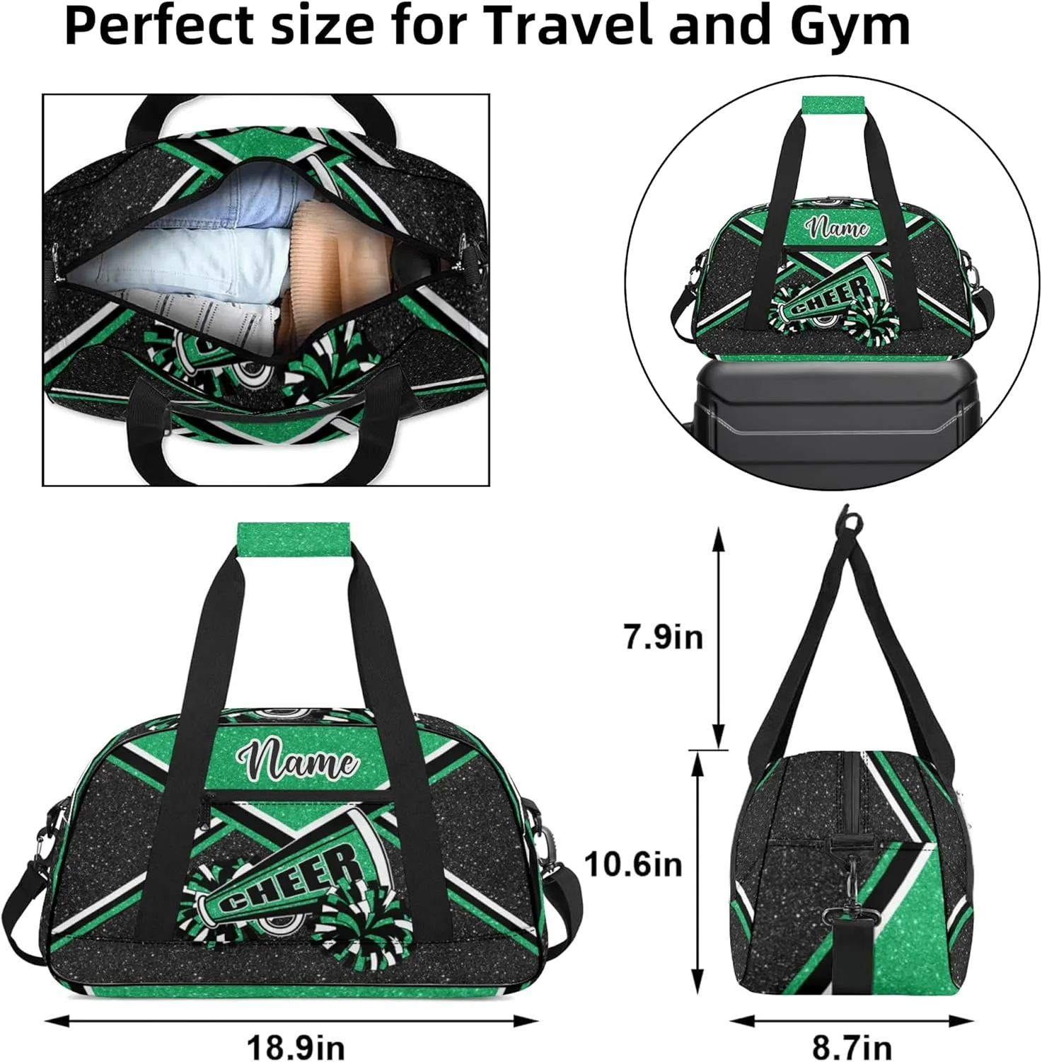 Personalized Cheer Bag with Name, Custom Cheerleader Duffle Bag for Women, Gym Travel Bag for Cheerleaders (Green)