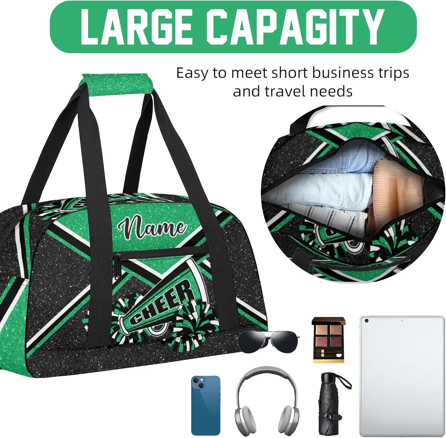Personalized Cheer Bag with Name, Custom Cheerleader Duffle Bag for Women, Gym Travel Bag for Cheerleaders (Green)
