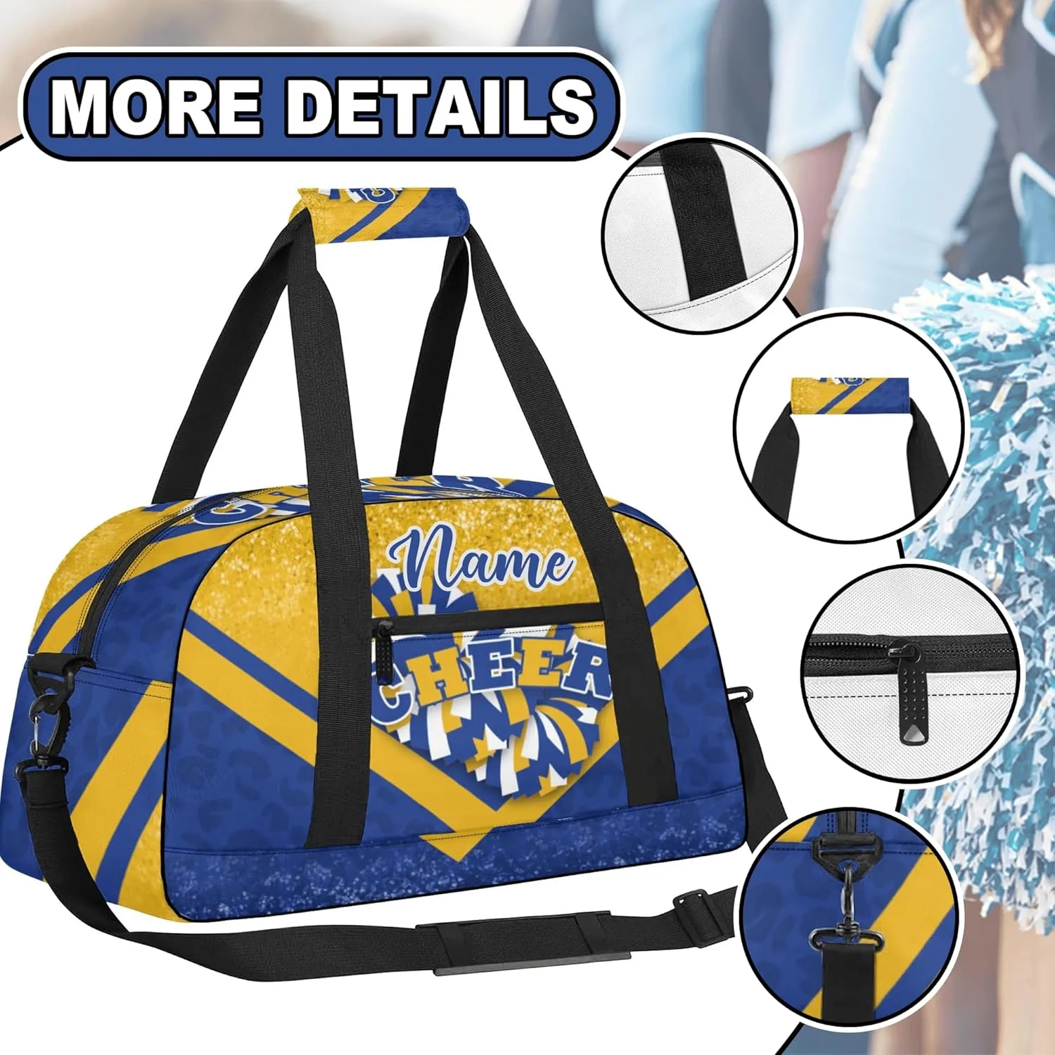 Personalized Cheer Duffle Bag for Cheerleaders, Custom Cheerleading Gym Bag for Women, Cheer Duffel Bag with Name (Gold&Navy)