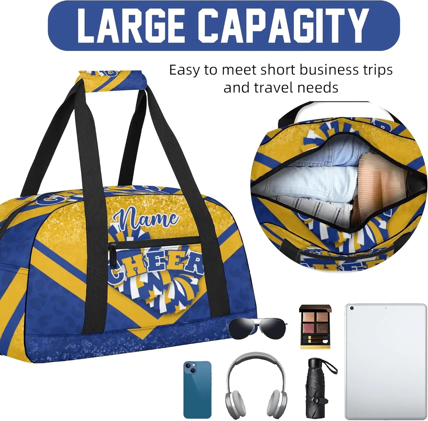 Personalized Cheer Duffle Bag for Cheerleaders, Custom Cheerleading Gym Bag for Women, Cheer Duffel Bag with Name (Gold&Navy)