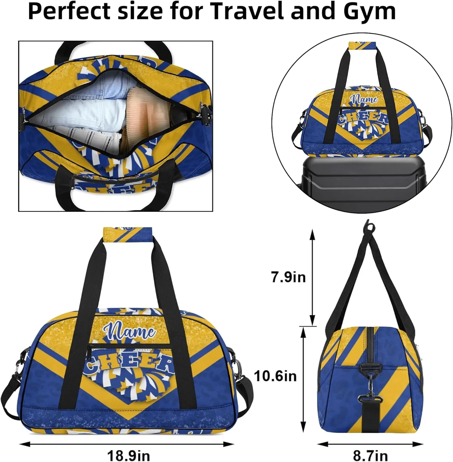 Personalized Cheer Duffle Bag for Cheerleaders, Custom Cheerleading Gym Bag for Women, Cheer Duffel Bag with Name (Gold&Navy)