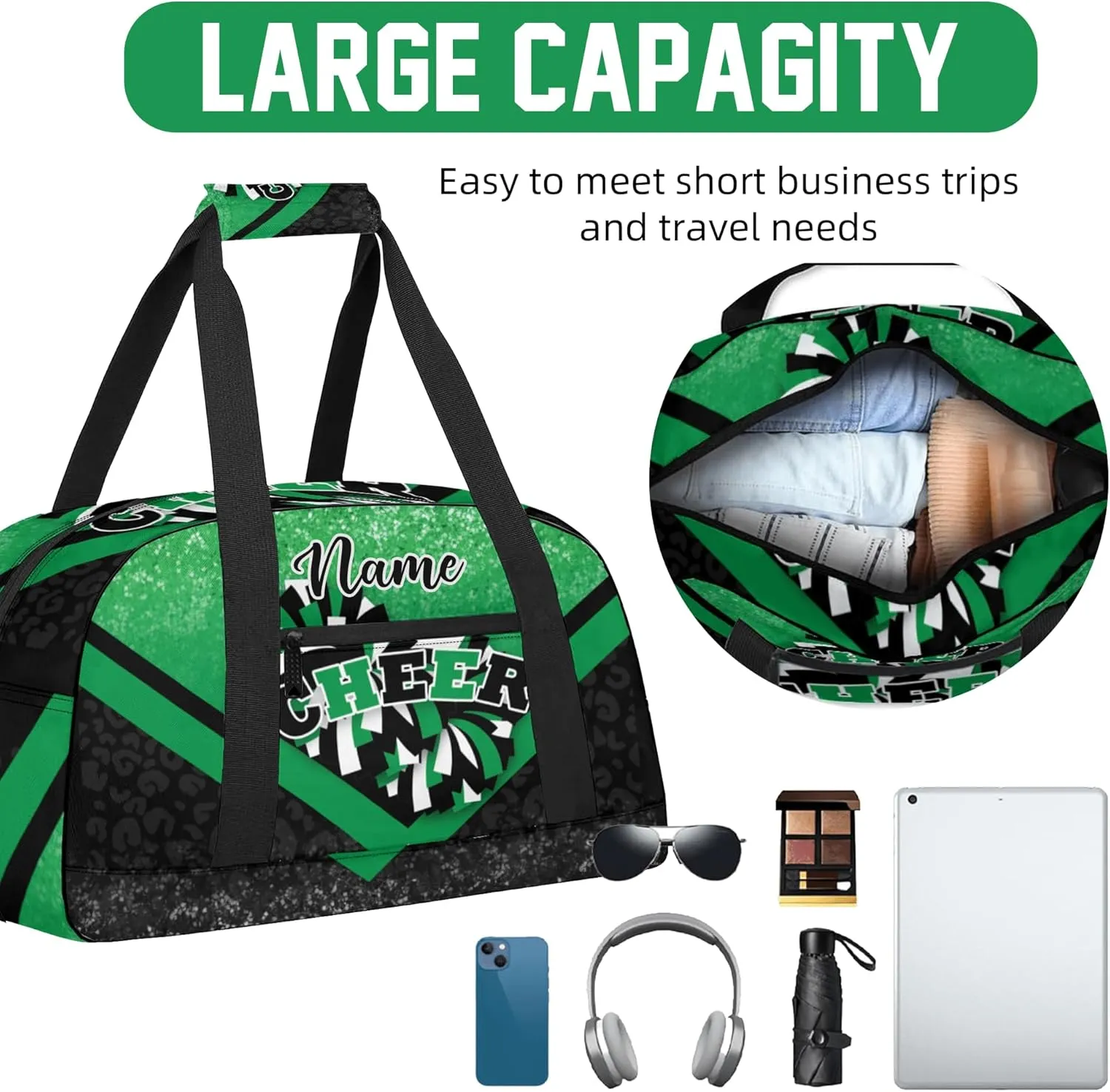 Personalized Cheer Duffle Bag for Cheerleaders, Custom Cheerleading Gym Bag for Women, Cheer Duffel Bag with Name (Green&Black)