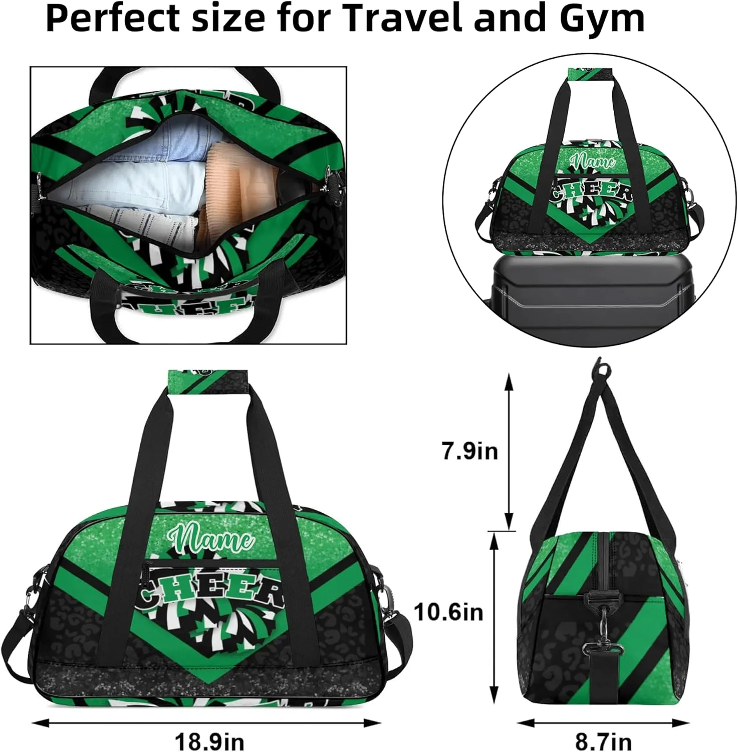 Personalized Cheer Duffle Bag for Cheerleaders, Custom Cheerleading Gym Bag for Women, Cheer Duffel Bag with Name (Green&Black)