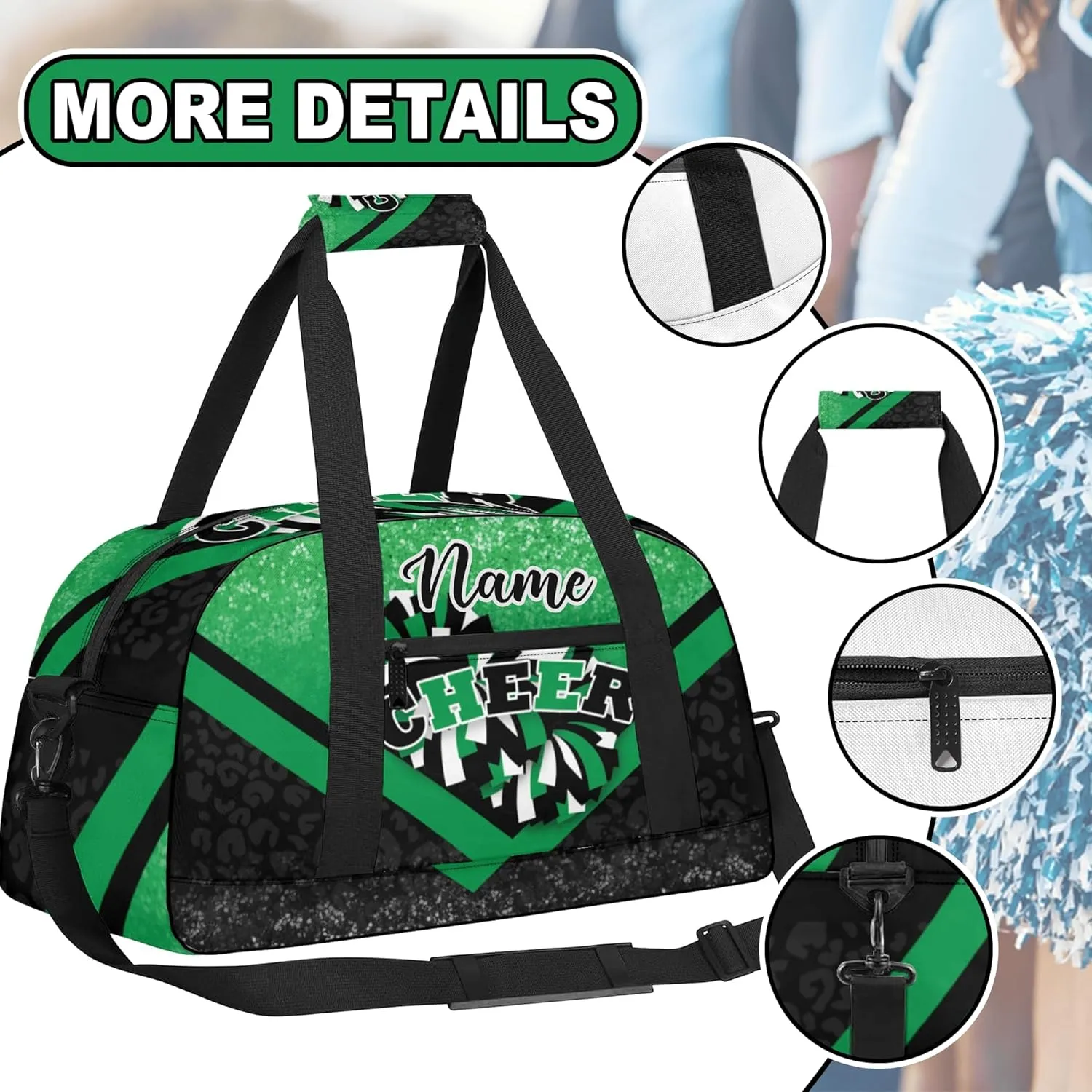 Personalized Cheer Duffle Bag for Cheerleaders, Custom Cheerleading Gym Bag for Women, Cheer Duffel Bag with Name (Green&Black)