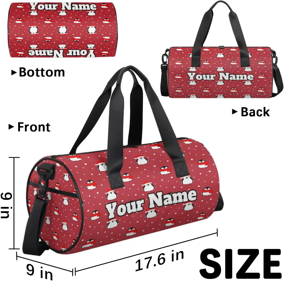 Personalized Christmas Penguin Sport Gym Bag, Custom Name Duffel Bags for Men, Waterproof Custom Sport Duffel Bag, Gymnastics Dance, Cute Penguin