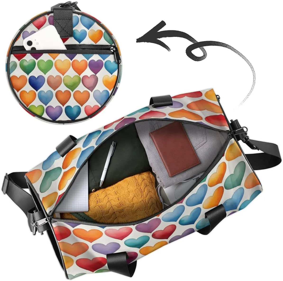 Personalized Colorful Hearts Sport Gym Bag, Custom Name Duffel Bags for Men, Waterproof Custom Sport Duffel Bag, Gymnastics Dance, Love