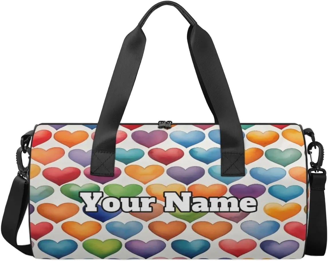 Personalized Colorful Hearts Sport Gym Bag, Custom Name Duffel Bags for Men, Waterproof Custom Sport Duffel Bag, Gymnastics Dance, Love