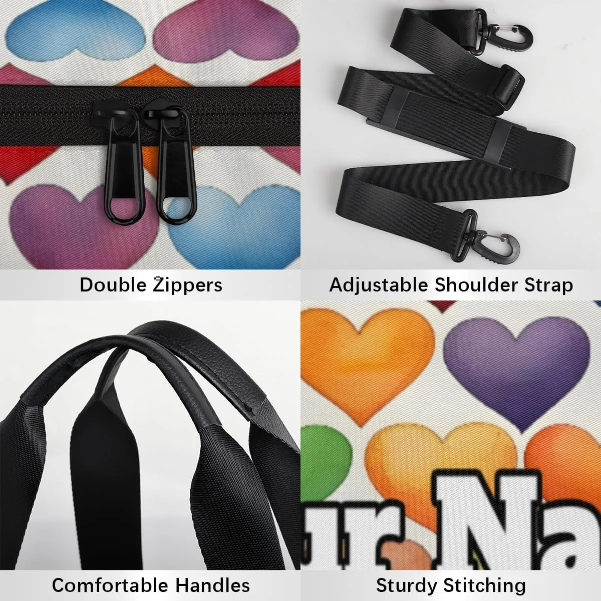 Personalized Colorful Hearts Sport Gym Bag, Custom Name Duffel Bags for Men, Waterproof Custom Sport Duffel Bag, Gymnastics Dance, Love