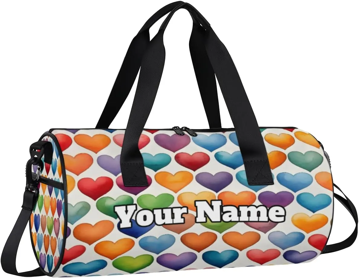 Personalized Colorful Hearts Sport Gym Bag, Custom Name Duffel Bags for Men, Waterproof Custom Sport Duffel Bag, Gymnastics Dance, Love