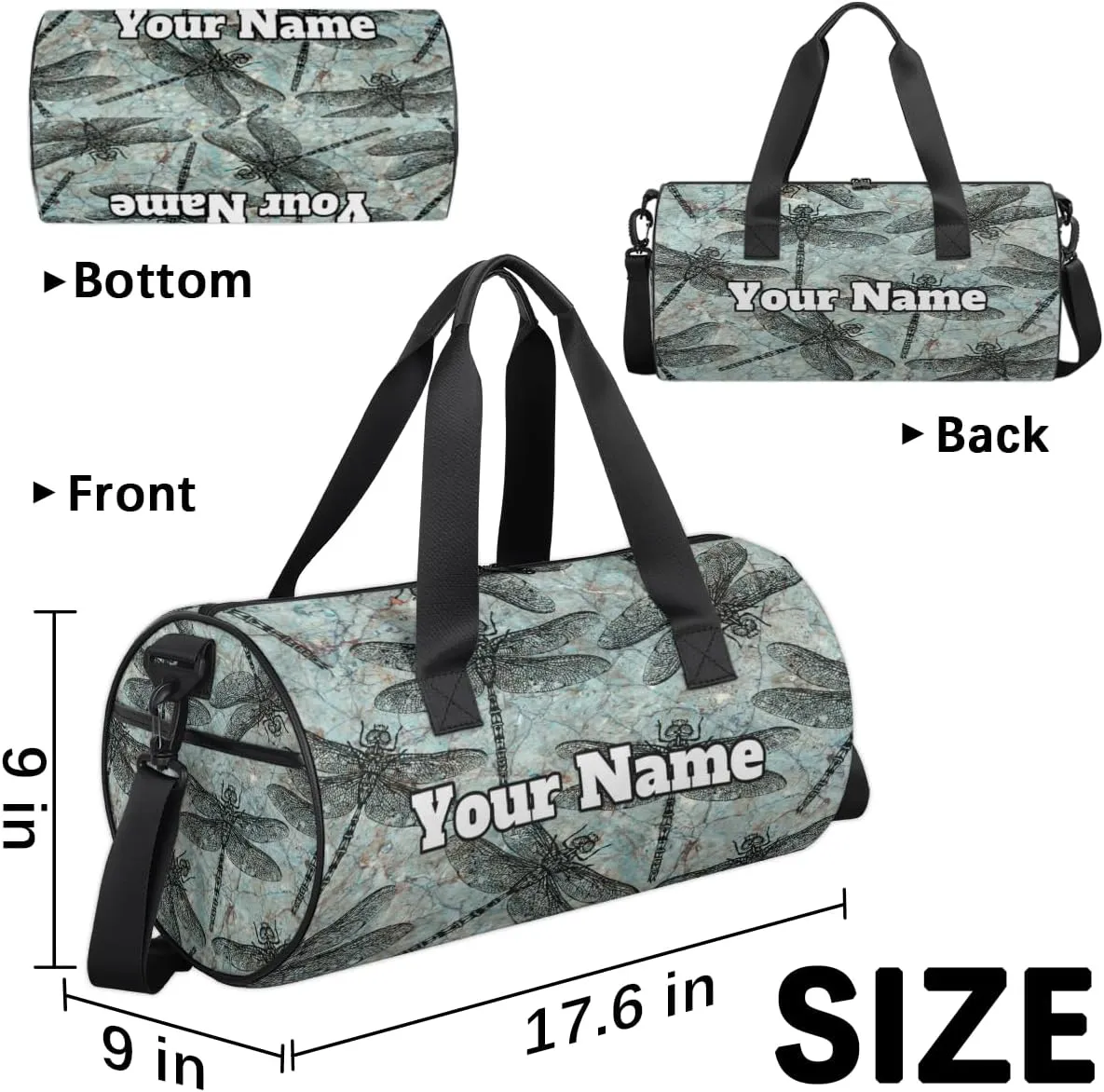 Personalized Dragonfly Sport Gym Bag, Custom Name Duffel Bags for Men, Waterproof Custom Sport Duffel Bag, Gymnastics Dance, Dragonfly Print
