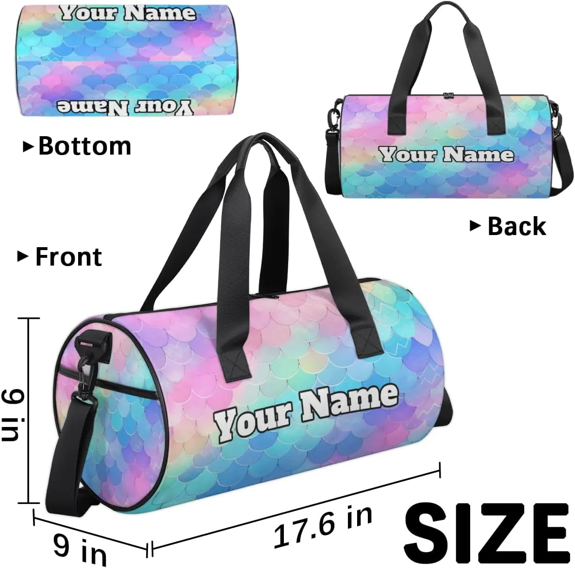 Personalized Fish Scale Sport Gym Bag, Custom Name Duffel Bags for Men, Waterproof Custom Sport Duffel Bag, Gymnastics Dance, Rainbow Fish Scale