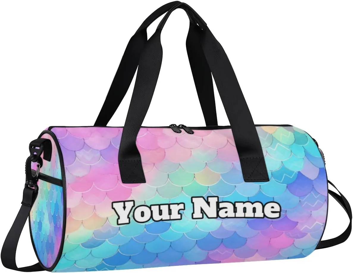 Personalized Fish Scale Sport Gym Bag, Custom Name Duffel Bags for Men, Waterproof Custom Sport Duffel Bag, Gymnastics Dance, Rainbow Fish Scale