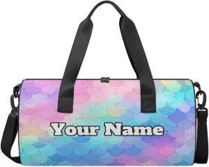 Personalized Fish Scale Sport Gym Bag, Custom Name Duffel Bags for Men, Waterproof Custom Sport Duffel Bag, Gymnastics Dance, Rainbow Fish Scale