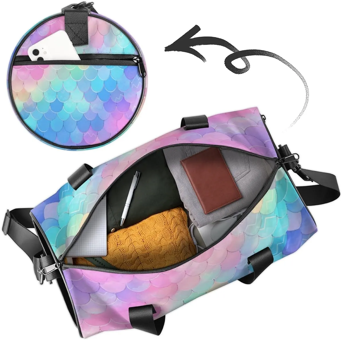 Personalized Fish Scale Sport Gym Bag, Custom Name Duffel Bags for Men, Waterproof Custom Sport Duffel Bag, Gymnastics Dance, Rainbow Fish Scale