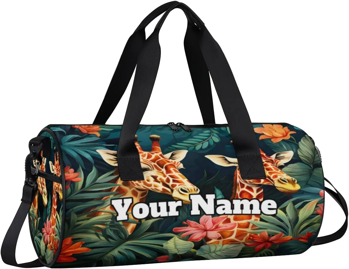 Personalized Giraffe Sport Gym Bag, Custom Name Duffel Bags for Men, Waterproof Custom Sport Duffel Bag, Gymnastics Dance, Tropical Palm Leaves
