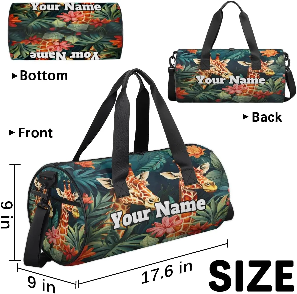 Personalized Giraffe Sport Gym Bag, Custom Name Duffel Bags for Men, Waterproof Custom Sport Duffel Bag, Gymnastics Dance, Tropical Palm Leaves