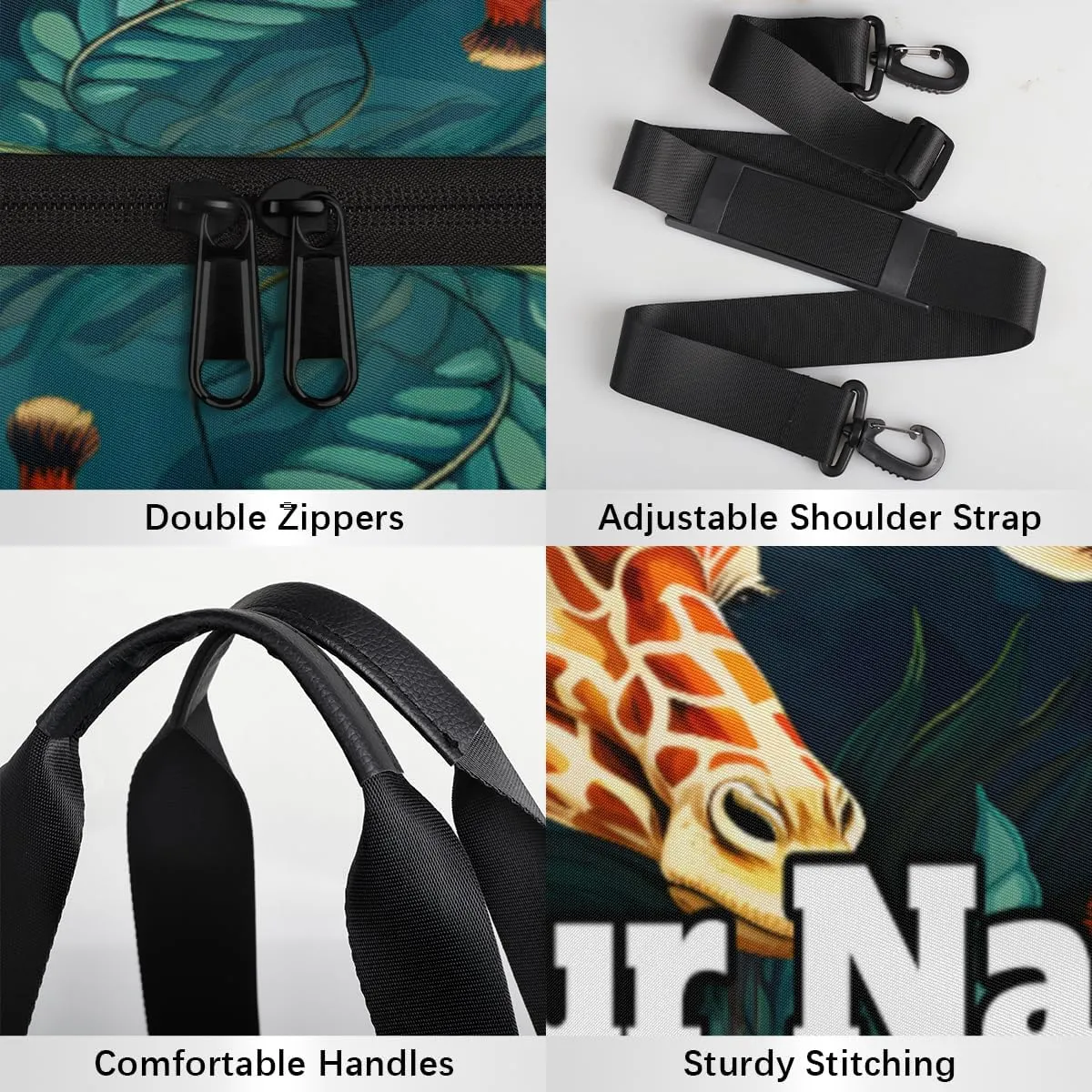 Personalized Giraffe Sport Gym Bag, Custom Name Duffel Bags for Men, Waterproof Custom Sport Duffel Bag, Gymnastics Dance, Tropical Palm Leaves