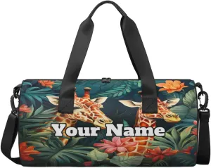 Personalized Giraffe Sport Gym Bag, Custom Name Duffel Bags for Men, Waterproof Custom Sport Duffel Bag, Gymnastics Dance, Tropical Palm Leaves